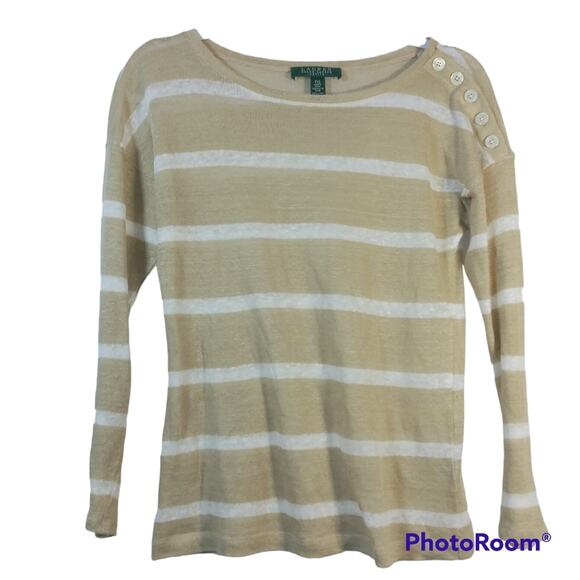 Lauren Ralph Lauren Linen Knit Sweater Pullover Stripe Button Shoulder Size PXS - Picture 1 of 6